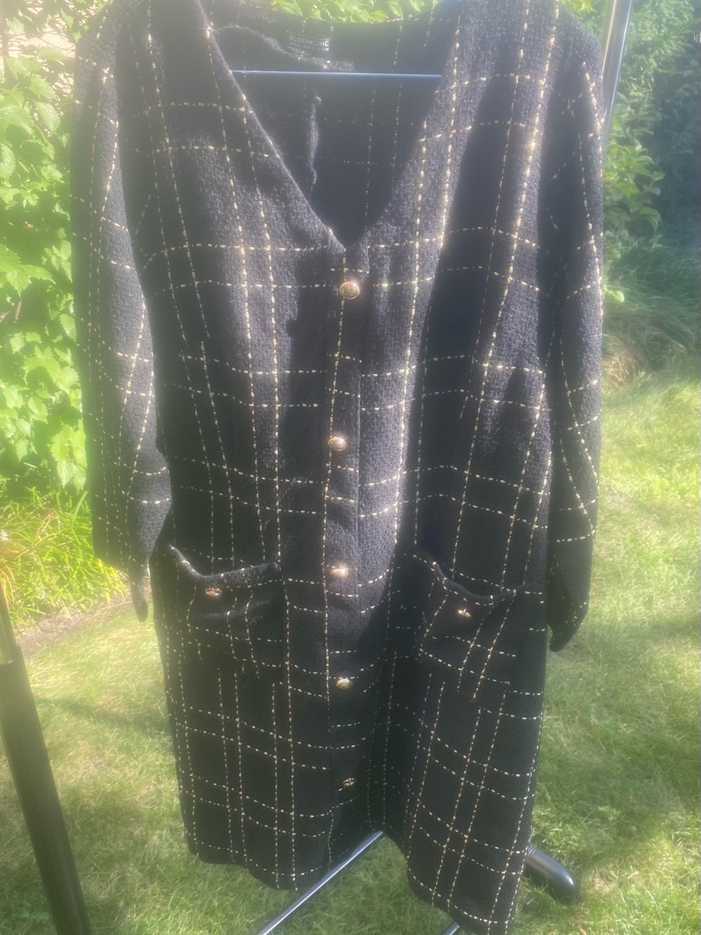 BloomChic Black Windowpane Metallic Plaid Jacket with Gold Buttons